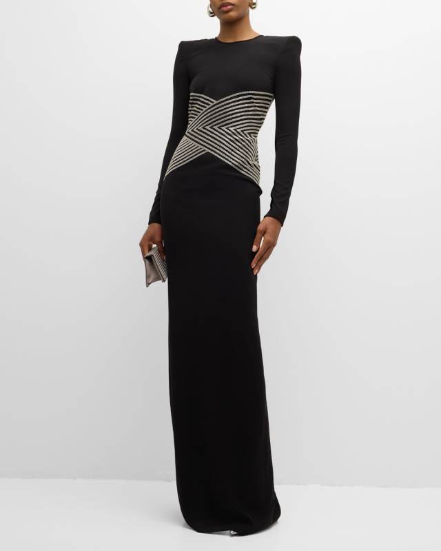 Beaded-Waist Long-Sleeve Crepe Gown